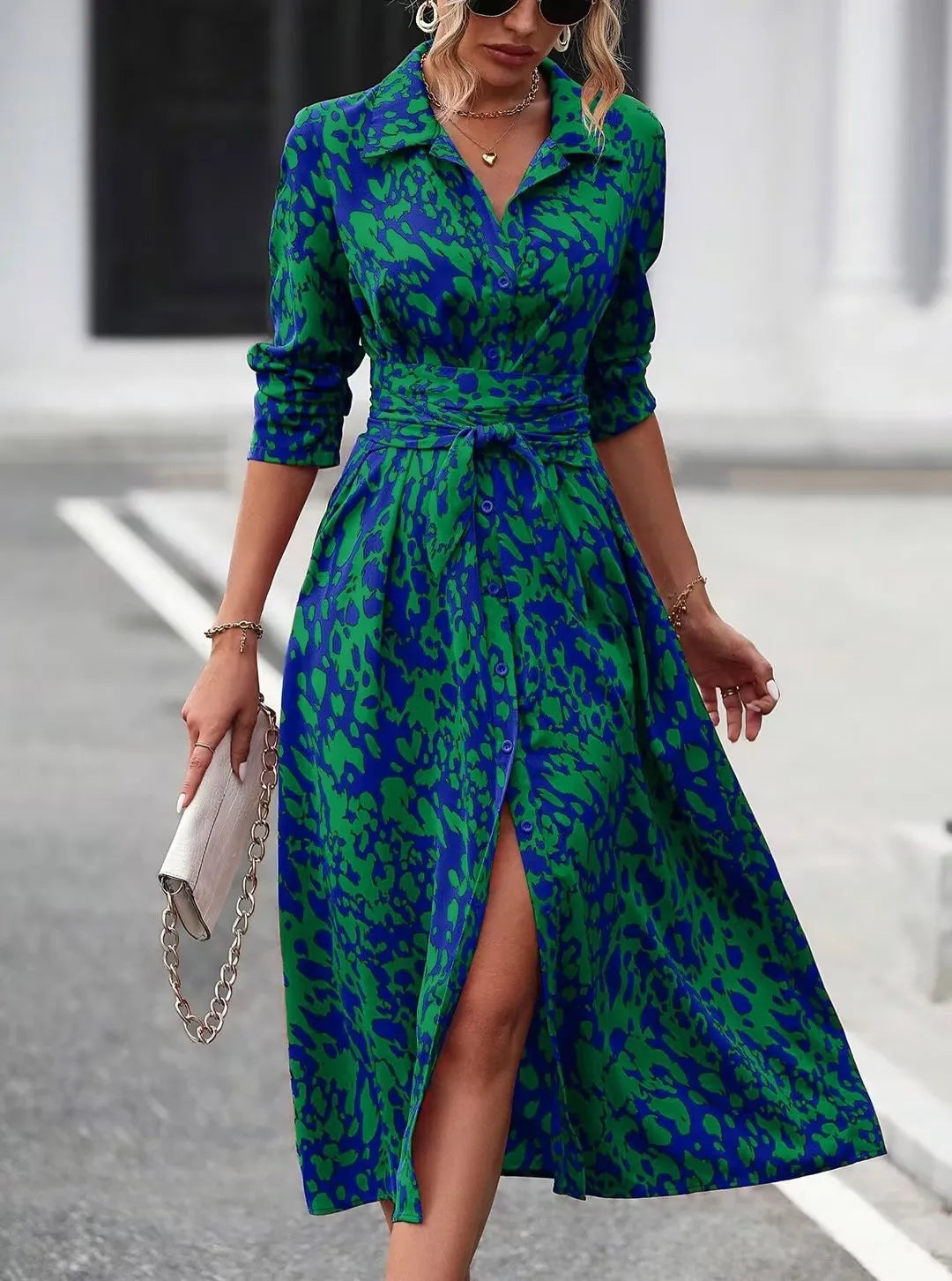 Women's Belted Shirt Midi Dress