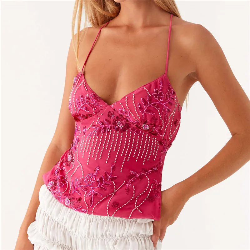 Women's Y2K Sequin Pearl Halter Crop Top
