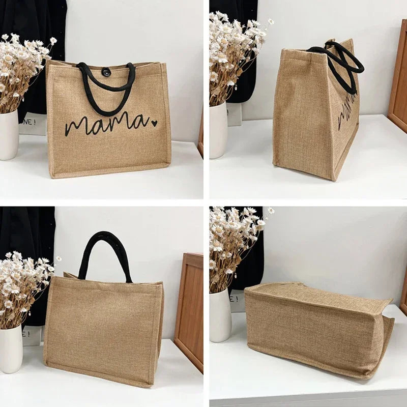 Mama Letter Print Linen Tote Bag - Large Capacity Baby Diaper Shoulder Bag