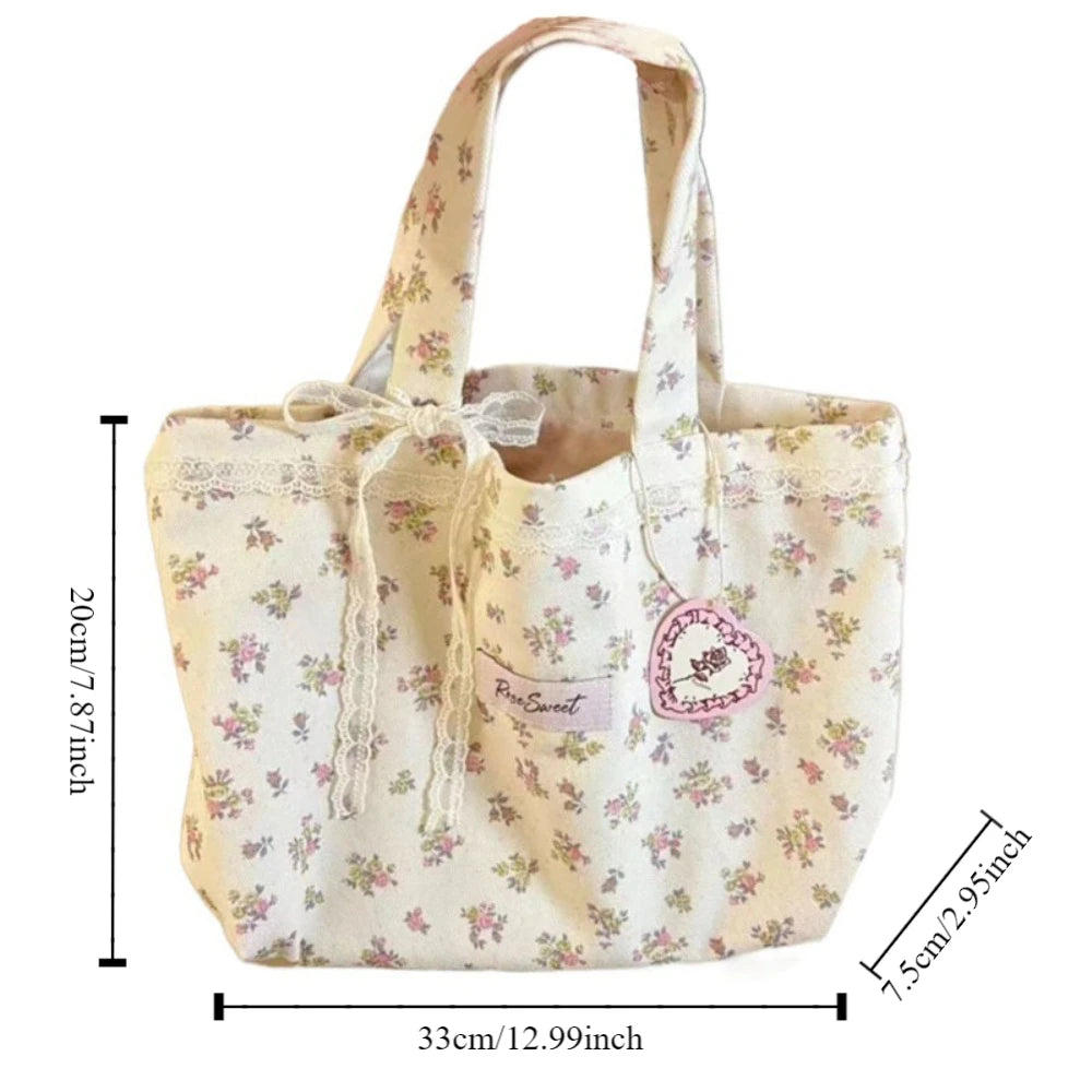 Large Capacity Lace Bow Canvas Tote Bag - Sweet Print Storage Handbag