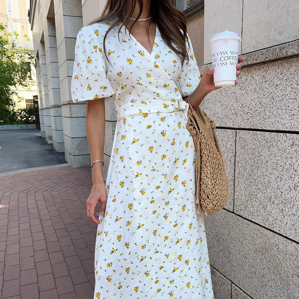 Women's Printed Lace-Up Cotton Maxi Dress