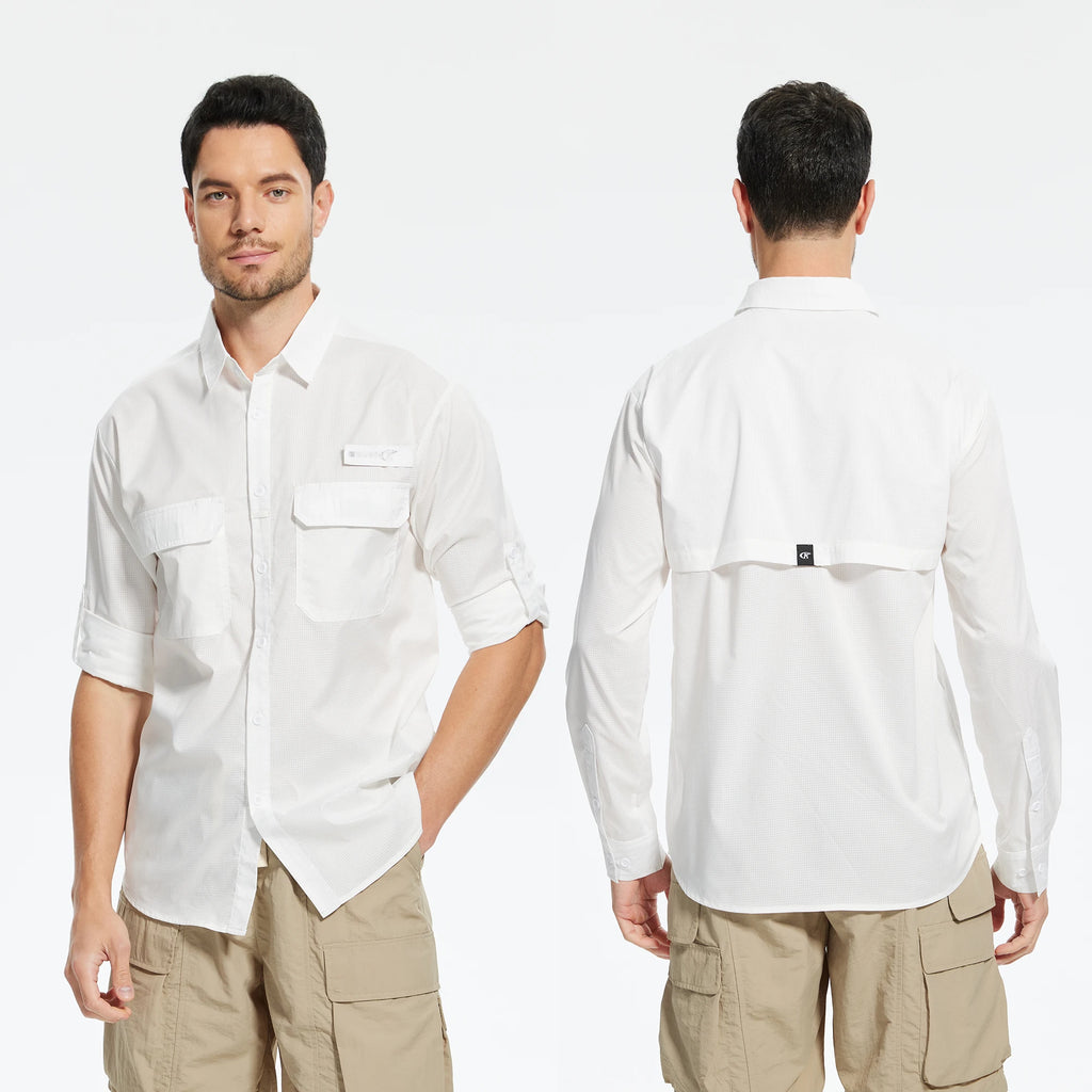 Summer Men's UPF 50+ Casual Long Sleeve Fishing Shirts, Lightweight Tactical Button Down Shirt with Breathable Back Mesh