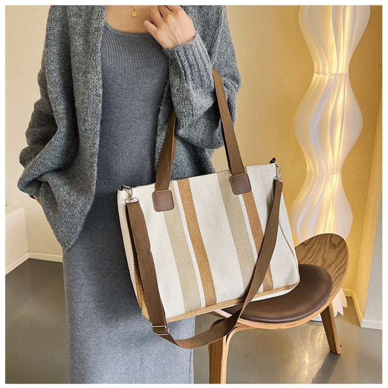 Women's Striped Canvas Crossbody Shoulder Bag - Large Tote 2023