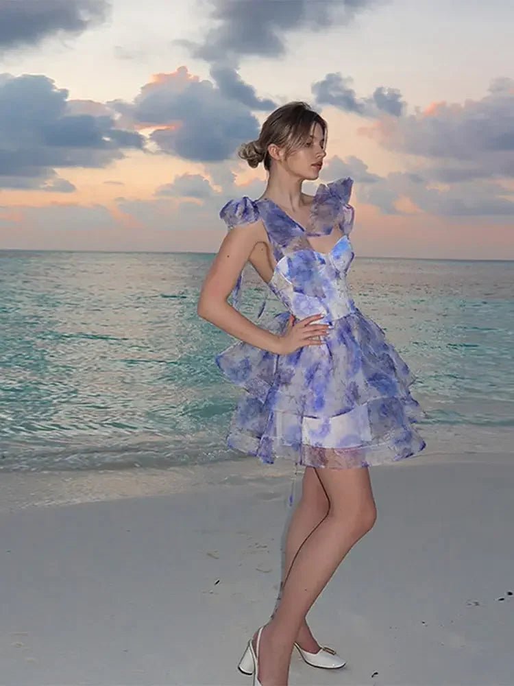 Elegant Printed Short Dresses Women Chic Lace Up Sleeveless Puff Dress Female Summer Holiday High Waist Lady Vestidos Beachwear - lily supply