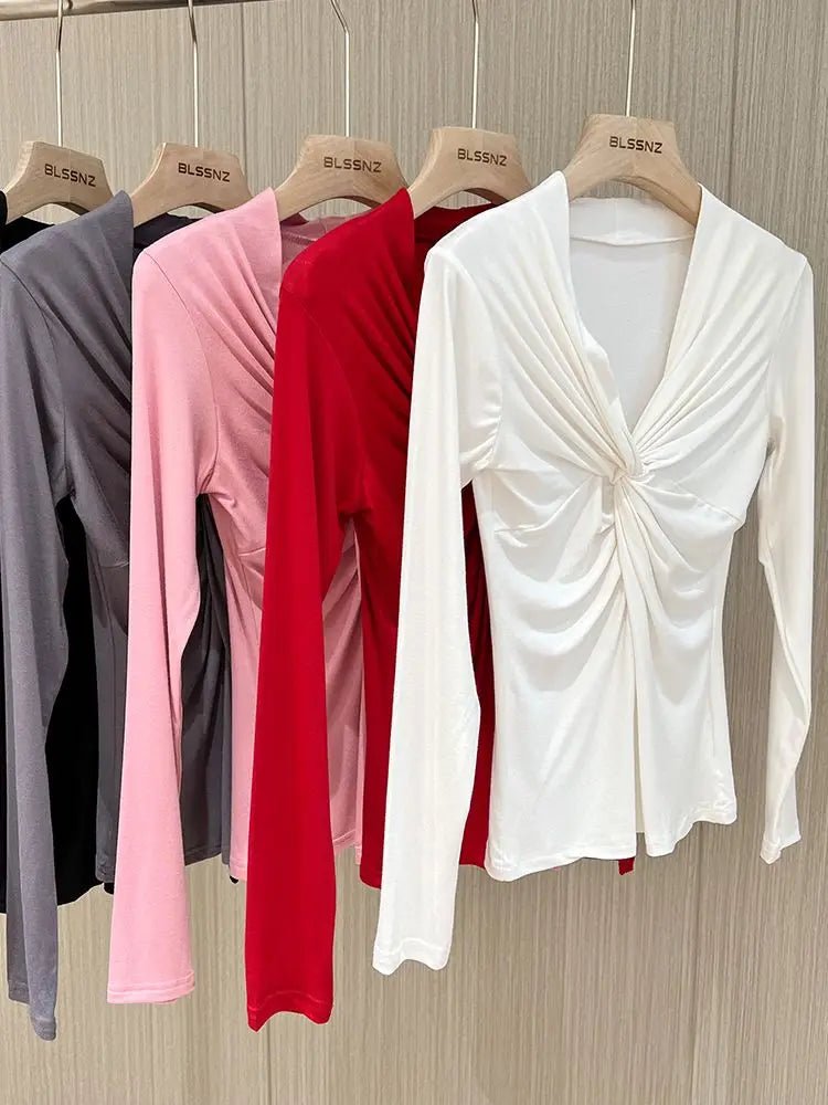 Girls Cotton Twisted V - neck T-Shirts Tees Female Long Sleeve High Elasticity Elegant Stretchy Tshirt Tops For Women - lily supply