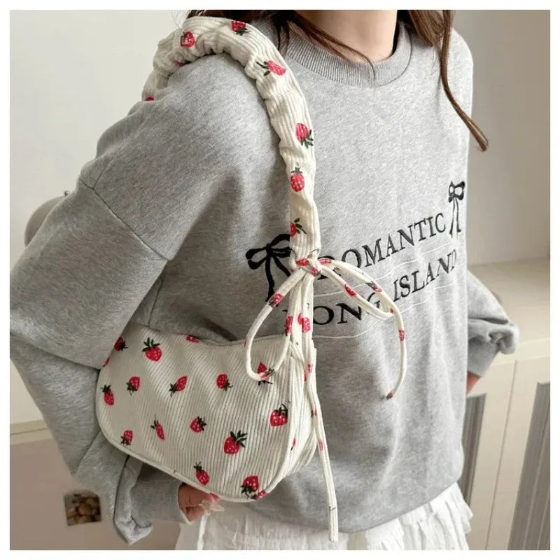 Women's Corduroy Strawberry Mini Shoulder Bag - Cute Half Moon Tote