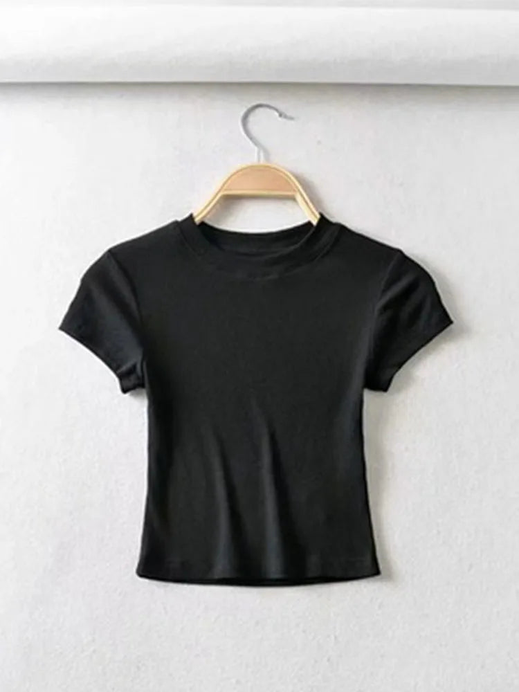Women's O-Neck Slim Elastic Skinny Crop Top