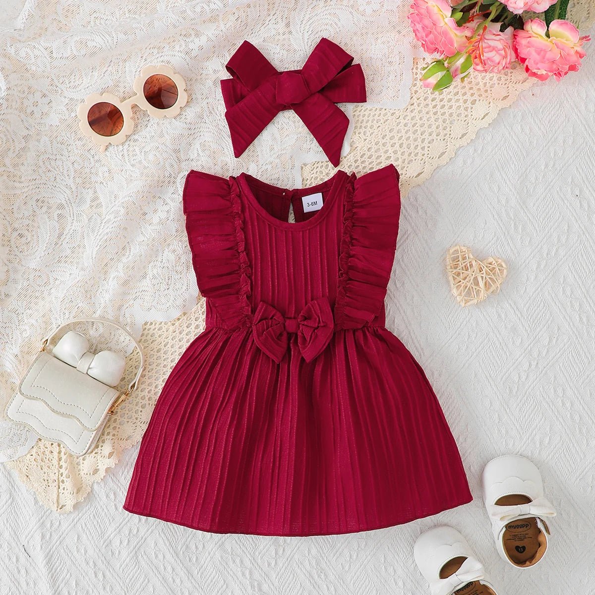 Baby girl Summer Blue dress with Ruffled Edges and Bow, Sweet and Cute Style Dress suitable for 0 - 3 Year old Cute Baby girls - lily supply