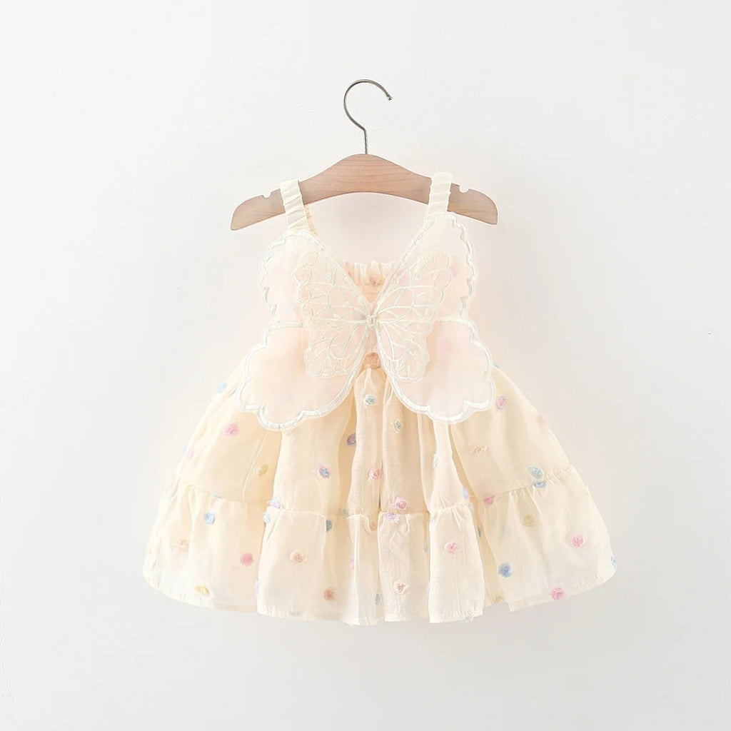 Summer Baby Girl Dress Sweet Colorful Dotted Drop Belt Waist Back Wing Princess Dress Suitable for 0-3 Year Old Babies