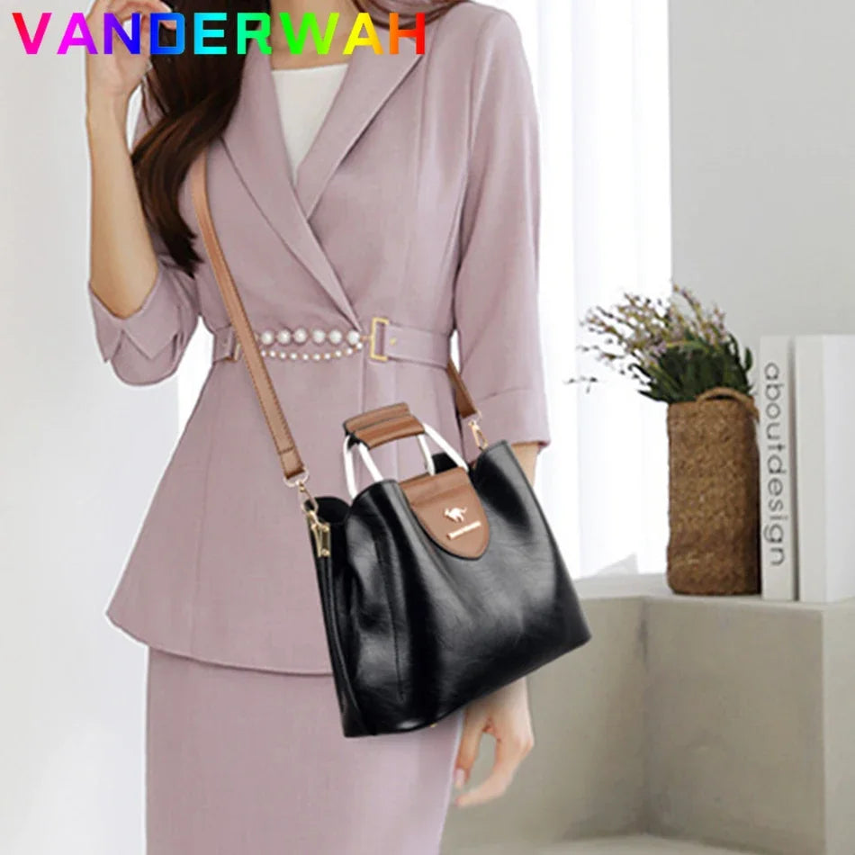 Women's 3-Layer Oil Skin Leather Luxury Designer Crossbody Tote Bag