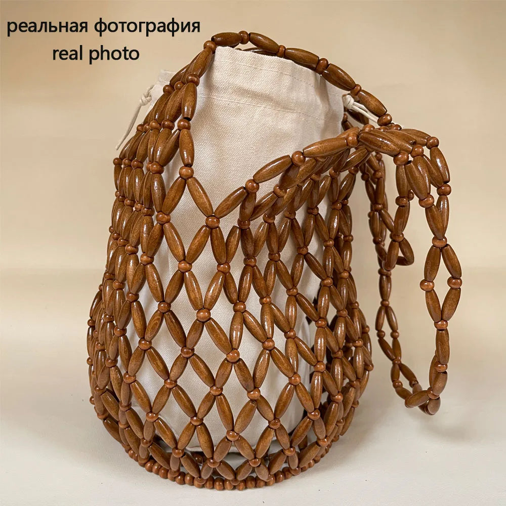 Women Woven Hand Bag Exquisite Design Hollow-out Wooden Bead Tote Bucket Shoulder Bag Female Handmade Beaded Handbag