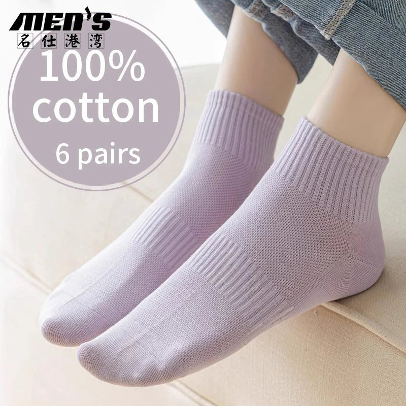 Women's 100% Cotton Short Sports Socks - 6 Pairs Breathable Mesh Low Top - lily supply