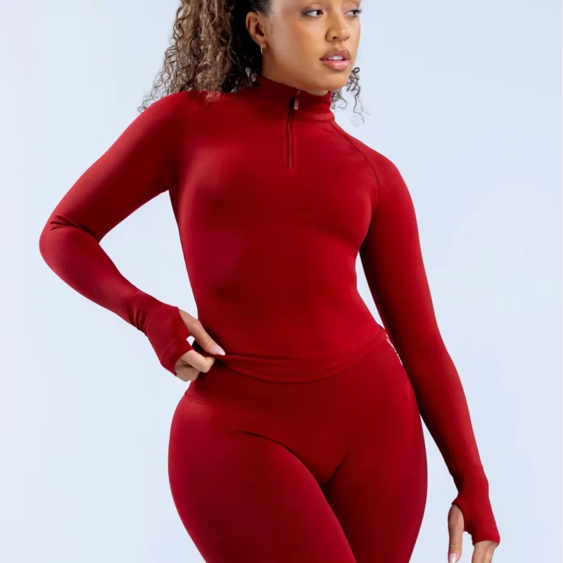 Women's Half Zip Seamless Sports Yoga Top - Long Sleeve Gym Fitness Pilates Shirt