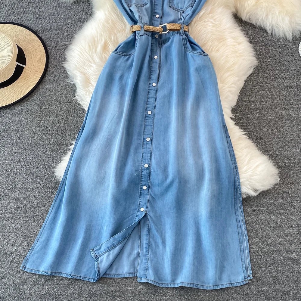 Denim Dress Women Vintage Dresses Turn Down Collar Single Breasted Washed Pockets Tight Waist Vestidos Streetwear 2025 A Line - lily supply