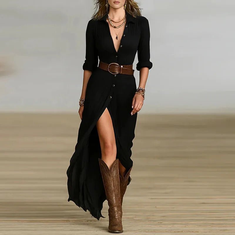 Woman Dresses 2025 New French Retro V Neck Belted Slim Pleated Long Dress Autumn Single Breasted Long Sleeve Slit Bohemian Dress - lily supply