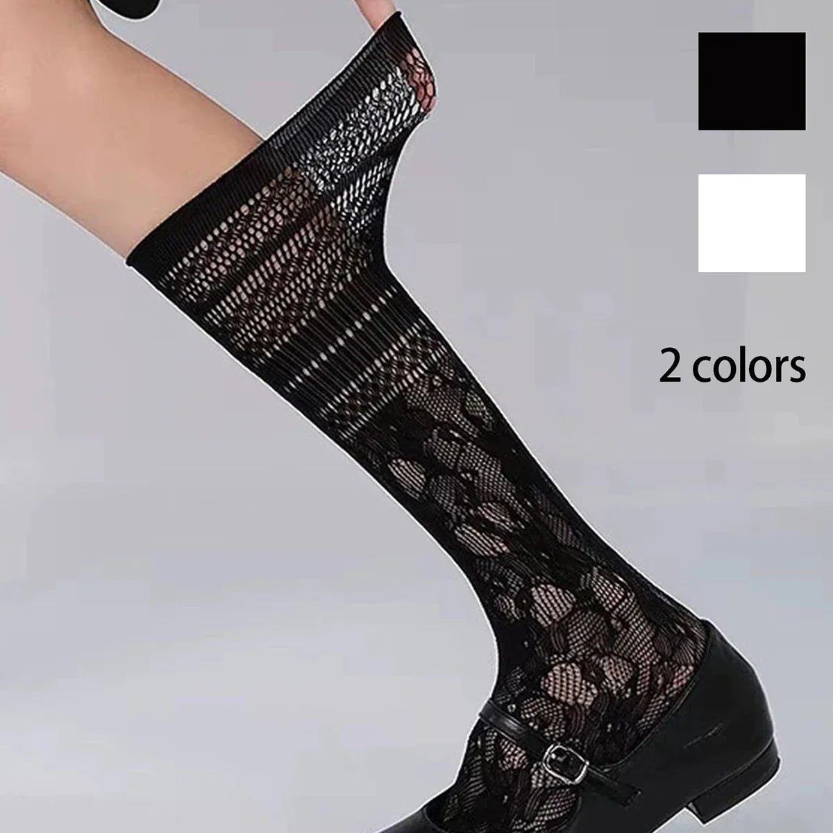 Women's Hollow Lace Y2K Mid Calf Socks - Black White Breathable Lolita Style - lily supply
