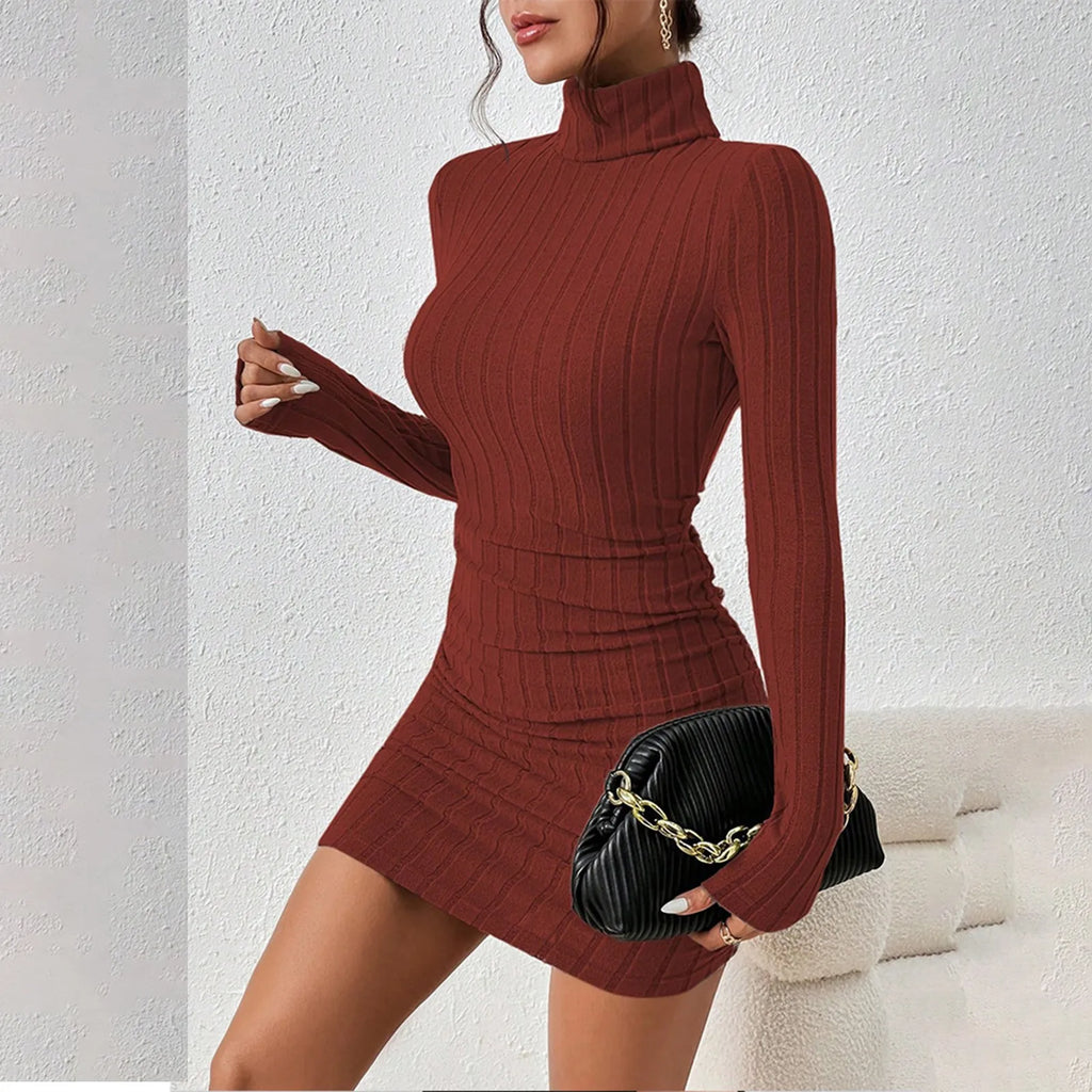 Women's Knitted Turtleneck Bodycon Dress - lily supply