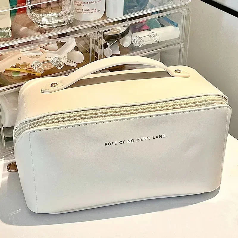 Travel makeup bag, large capacity women's makeup bag, waterproof portable bag open flat wash bag, with divider and handle