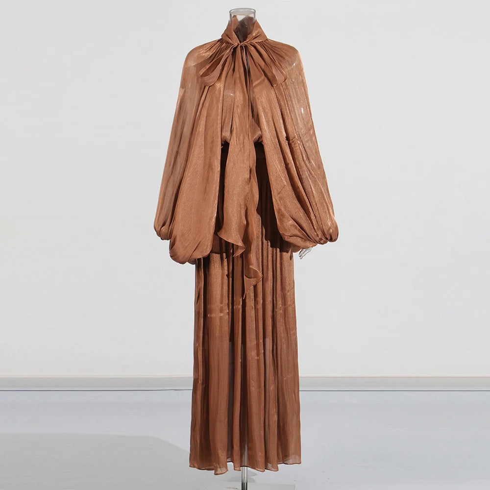 Women's Stand Collar Lace-Up Long Sleeve Dress