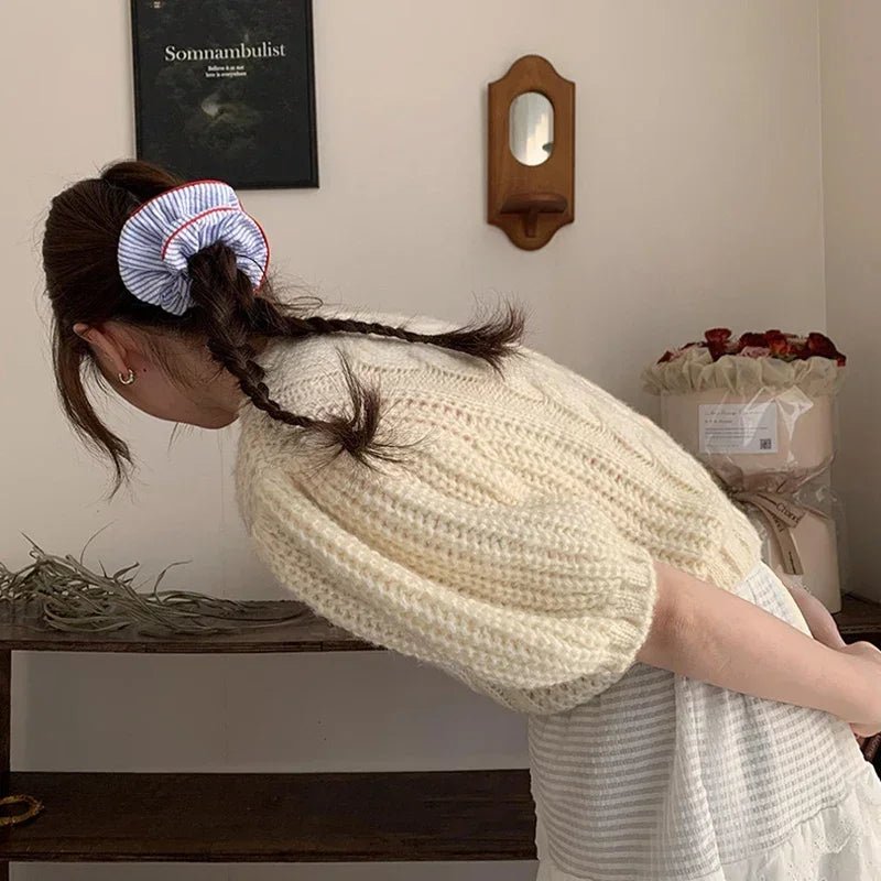 Red Hem Blue Striped Scrunchie - Sweet Fresh Elastic Hair Tie - lily supply