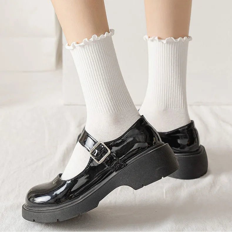 Women's Ruffle Mid Tube Ankle Socks - Breathable Cotton Black White Beige - lily supply