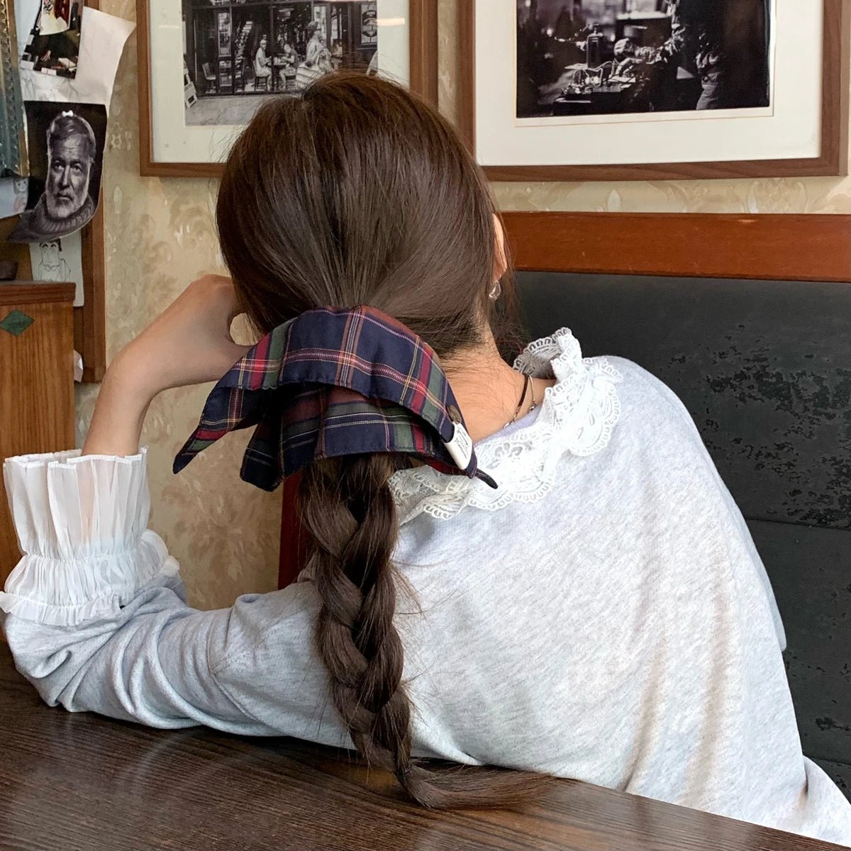 Plaid Scarf Scrunchie - British Collegiate Button Hair Tie for Low Ponytails - lily supply