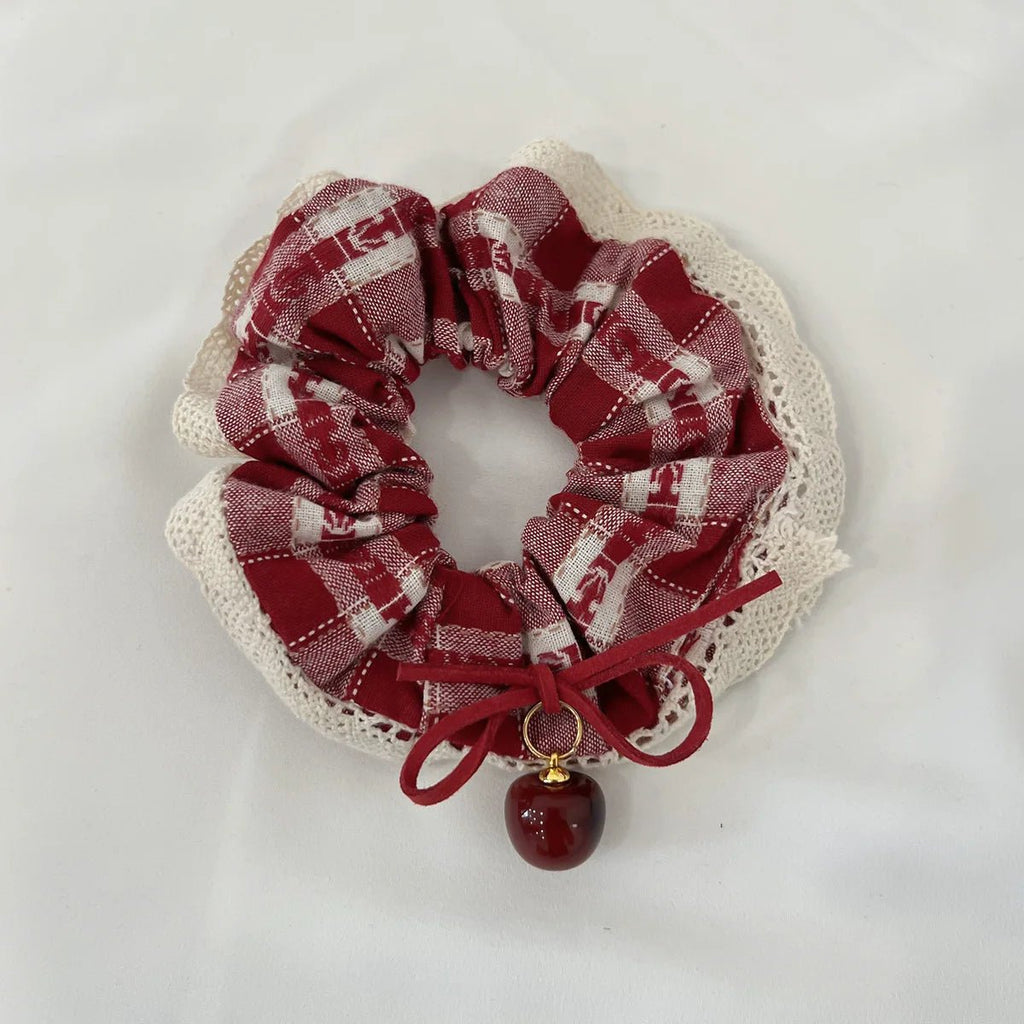 Red Check Cherry Lace Scrunchie - Sweet Square Scarf Hair Rope - lily supply