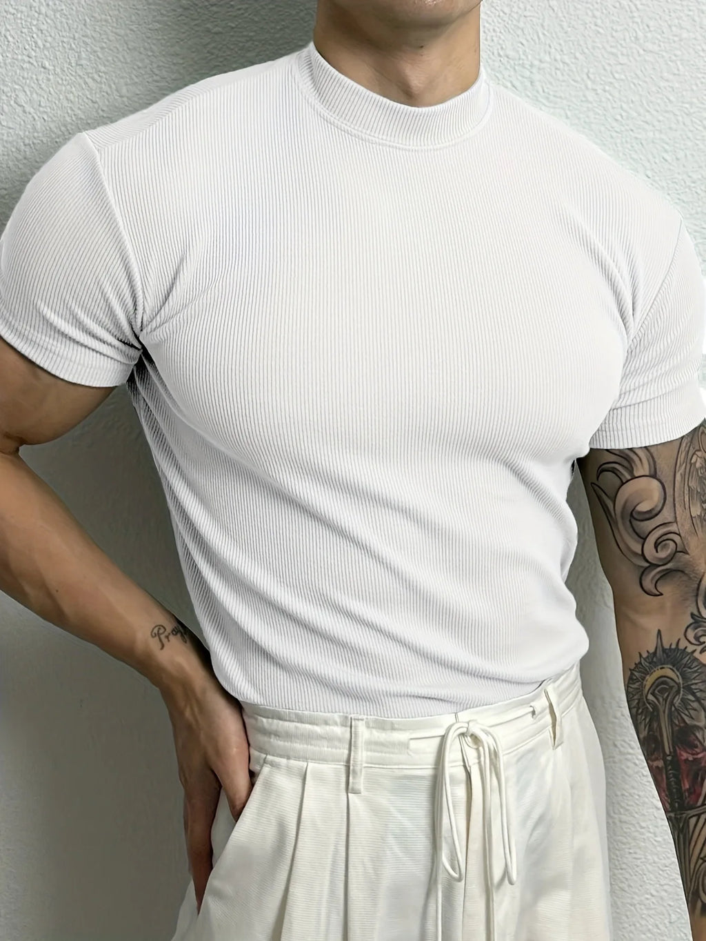 Men's High Collar Stripe Fitness Sport T-Shirt