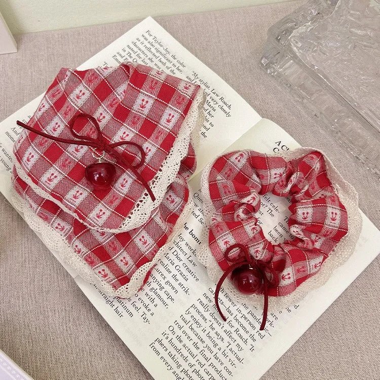 Red Check Cherry Lace Scrunchie - Sweet Square Scarf Hair Rope - lily supply