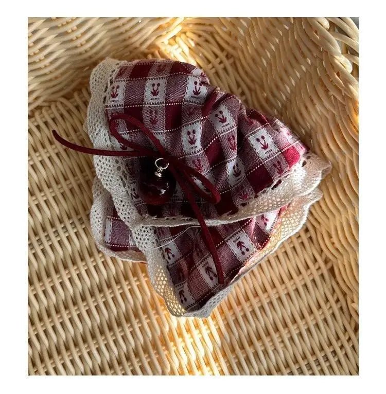 Red Check Cherry Lace Scrunchie - Sweet Square Scarf Hair Rope - lily supply