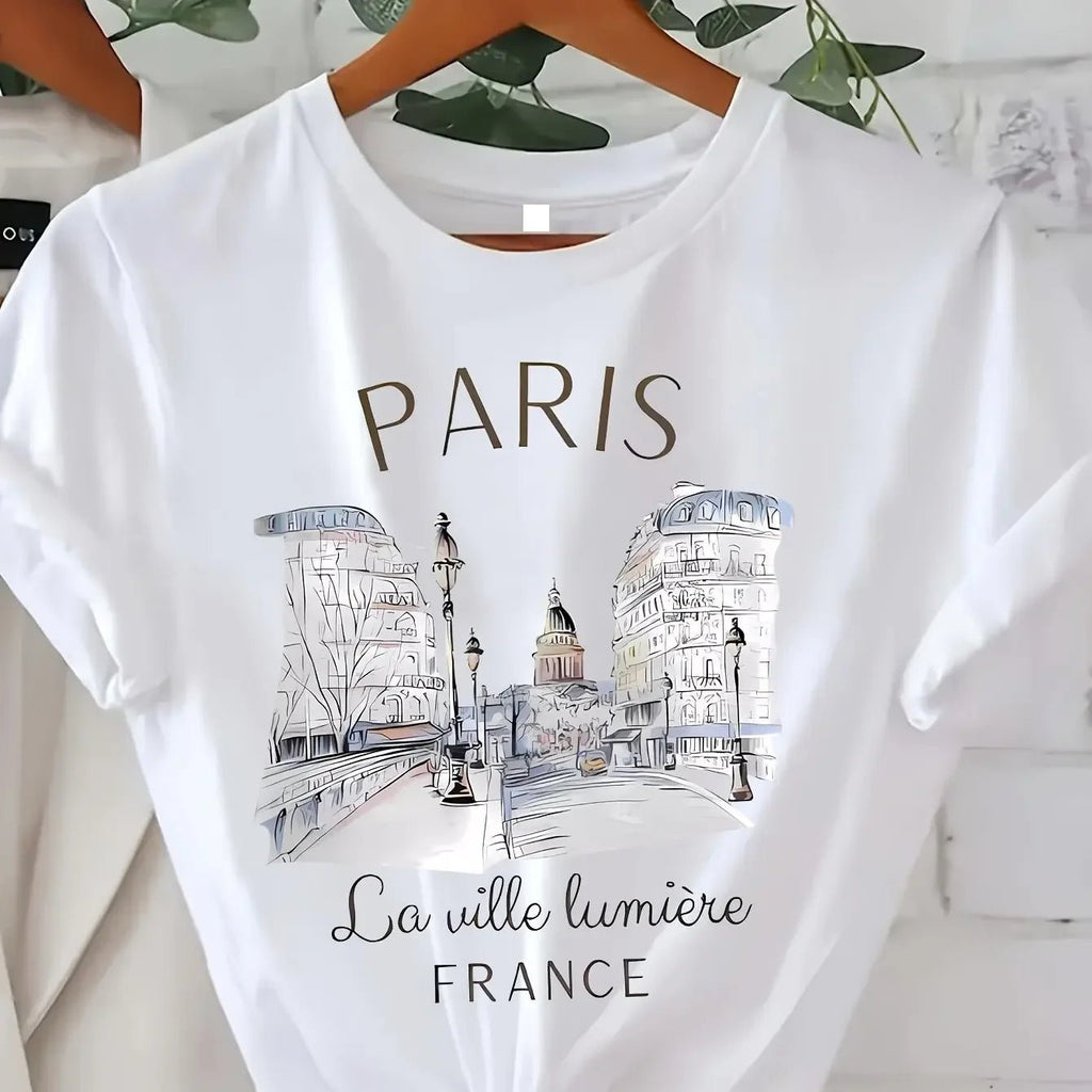 90s T Shirt Paris Women Print T-shirt Girl Short Sleeve Crew Neck Casual Top for Summer Spring Women's Clothing - lily supply
