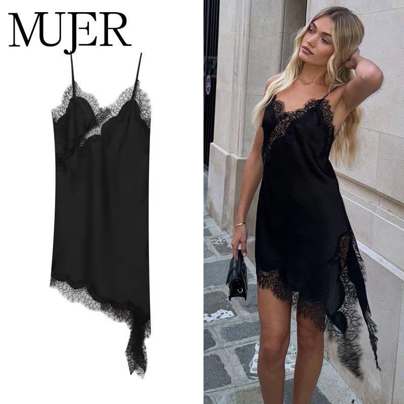 MUJER 2025 Lace Slip Dress Woman Black Backless Short Dresses for Women Asymmetric Party Women's Summer Dress Satin Sexy Dresses - lily supply