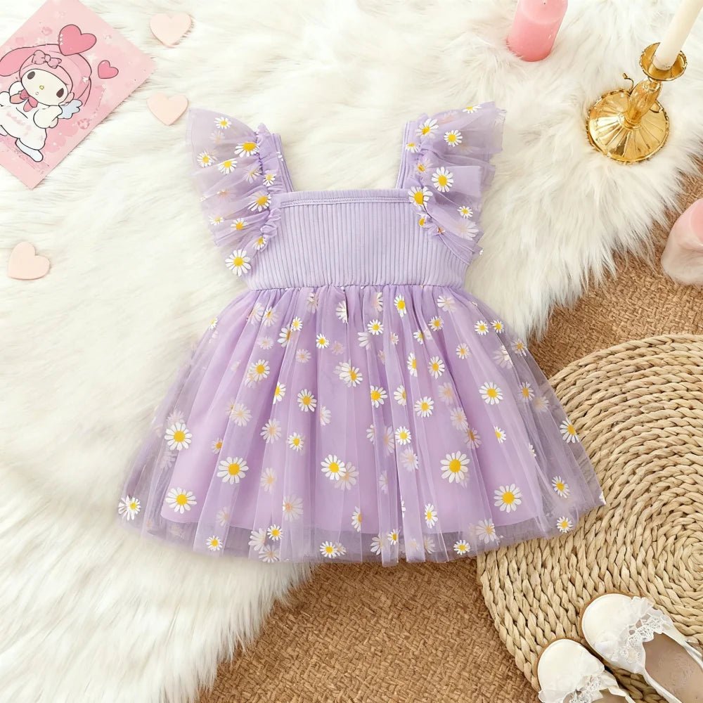 Girls Daisy Print Tulle Summer Dress | Cute Princess Baby Girl Dress 6M - 3Y - lily supply