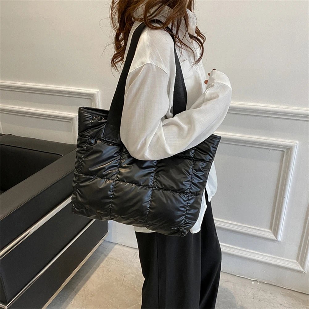 Women's Quilted Rhombus Cotton Padded Tote Bag - Large Capacity Shopping Bag - lily supply