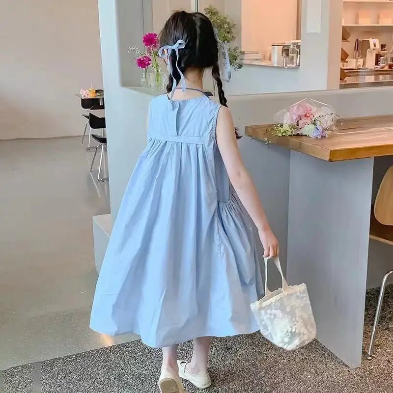 Girls Solid Cotton Ruched Sleeveless Dress with Pockets | Loose A - Line Summer Dress Ages 3 - 12Y - lily supply