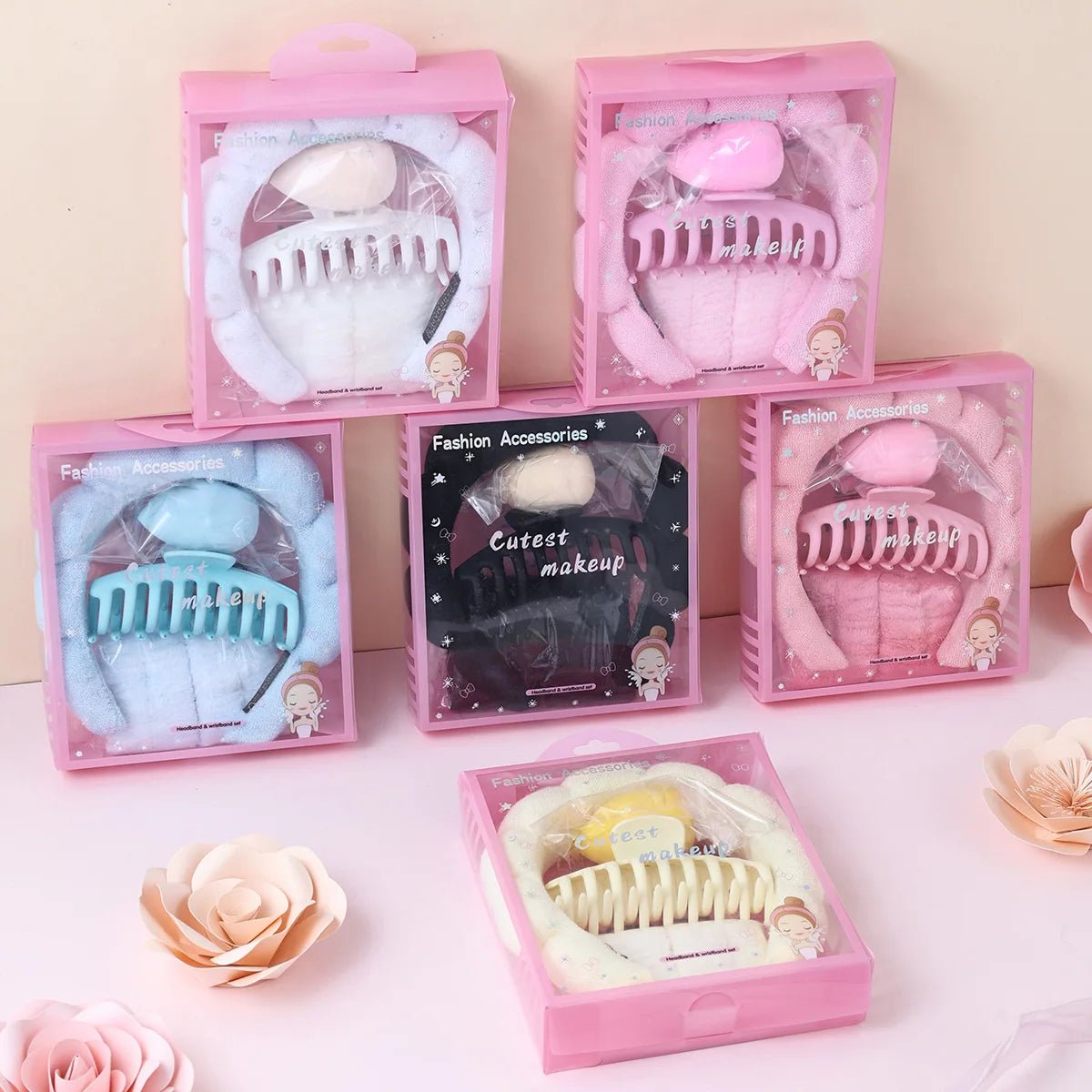 5 Pcs Girls Sponge Spa Headband Face Wash Large Flower Hair Claw Clip Facial Hairband Hair Accessories Set with Delicate Box - lily supply