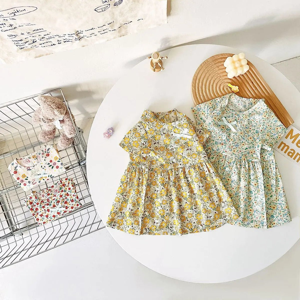 Baby Girls Floral Cotton Summer Dress | Short Sleeve Casual Holiday Dress 6M - 4Y - lily supply