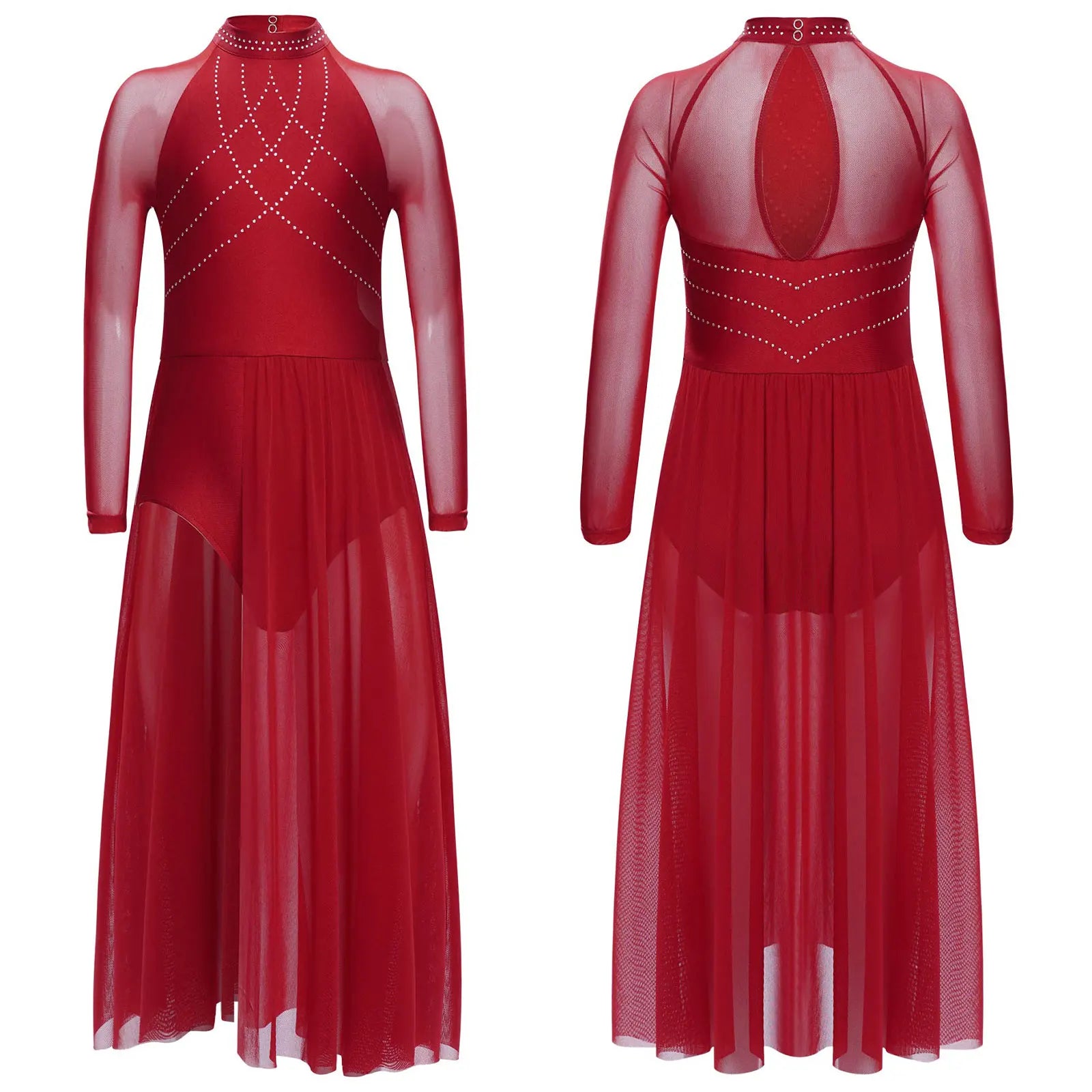 Girls Lyrical Dance Dress | Rhinestone Mesh Keyhole Back Leotard Costume Size 6 - 16 - lily supply
