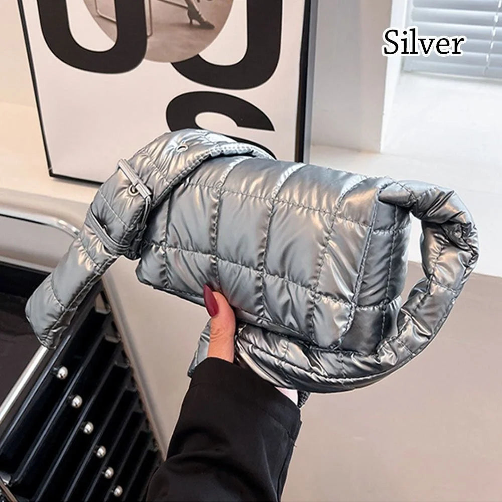 Fashion Quilted Padded Tote Bag - Warm Down Cotton Plaid Shoulder Bag