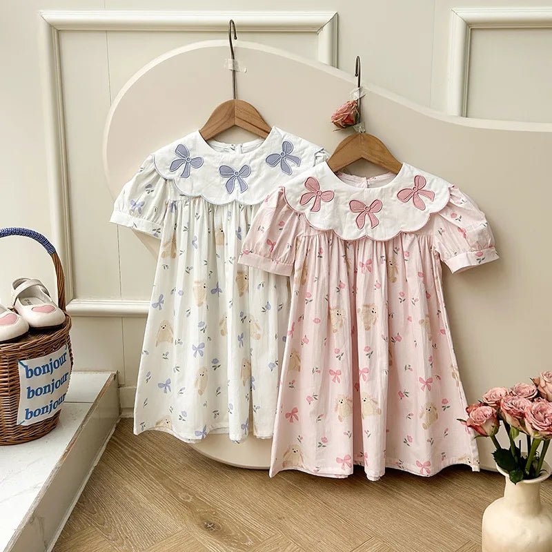 Girls Bow Embroidered Princess Dress | Cartoon Print Short Sleeve Summer Dress 1 - 8Y - lily supply