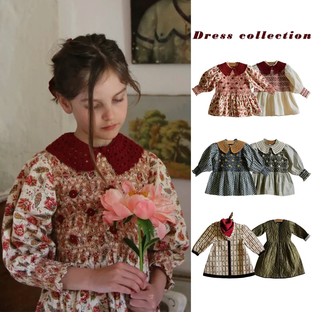 Girls Dresses 2025 Autumn Winter Christmas Princess Dress Korean Children's Clothing Embroidered Flower Patterned Shirts Dress - lily supply