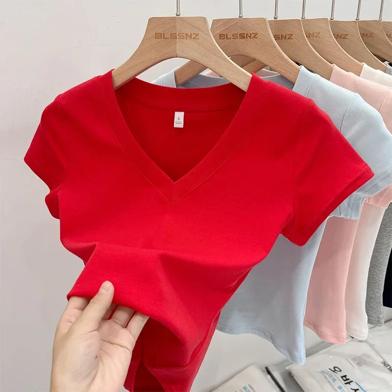 Women's Cotton V-Neck Slim Crop T-Shirt