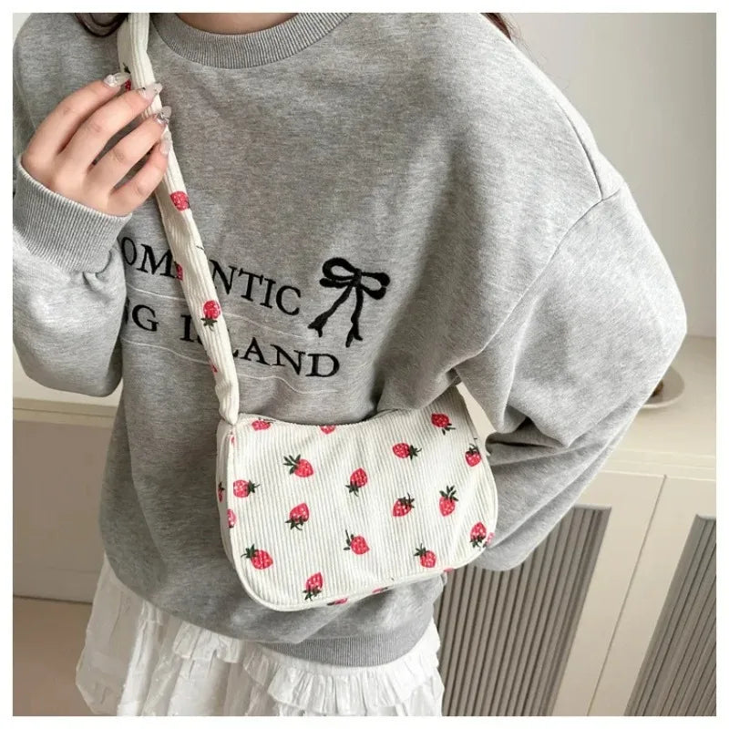 Women's Corduroy Strawberry Mini Shoulder Bag - Cute Half Moon Tote