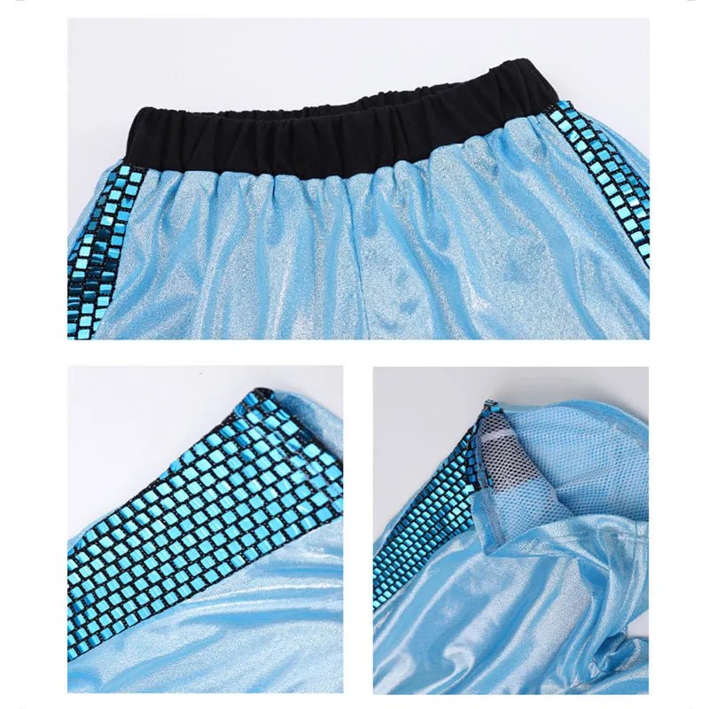 Girls Hip Hop Shine T-shirt Street Dance Skirts Boys Tee Silver Shorts Clothes Sets Kids Jazz Outfits Child Summer Streetwear - lily supply