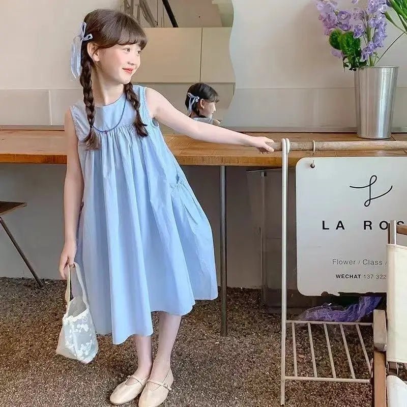 Girls Solid Cotton Ruched Sleeveless Dress with Pockets | Loose A - Line Summer Dress Ages 3 - 12Y - lily supply