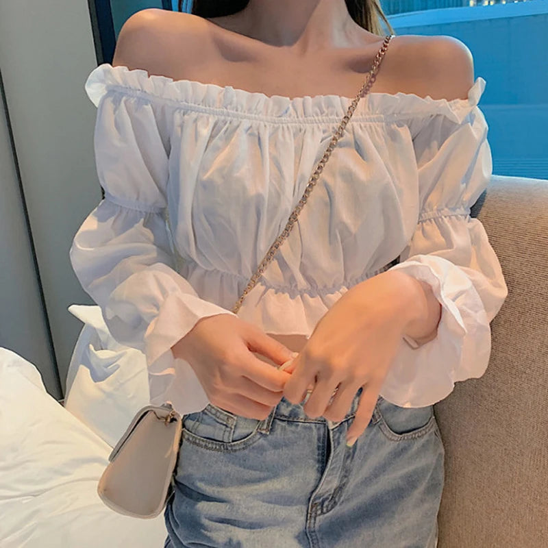Women's Puff Sleeve Off Shoulder Crop Top - Ruffle Tunic Blouse