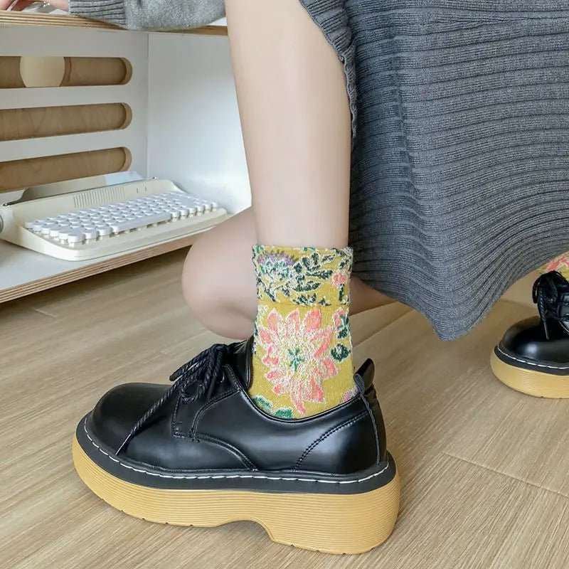 Women's Floral Embossed Harajuku Cotton Long Socks – Textured Knee Socks - lily supply
