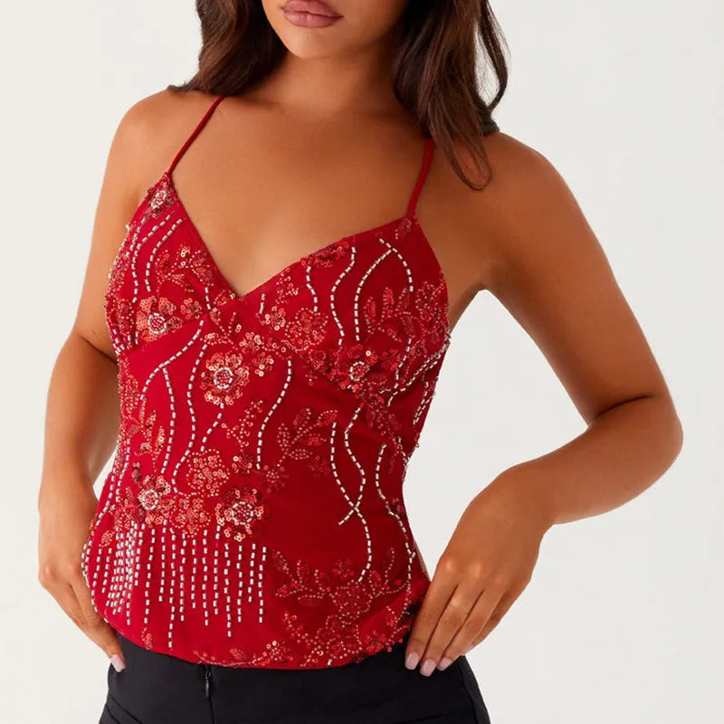 Women's Y2K Sequin Pearl Halter Crop Top