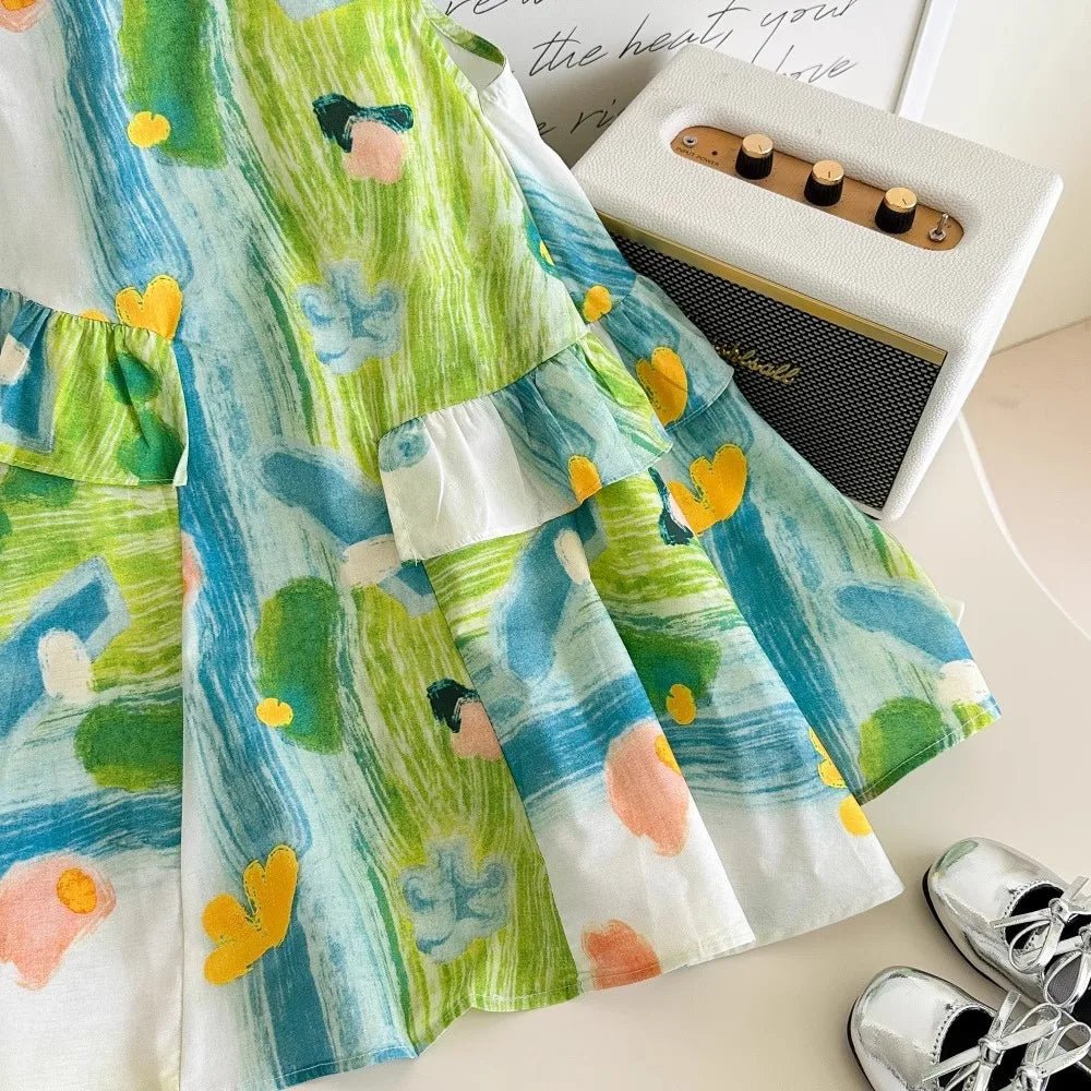 Girls Floral Ruffled Sleeveless Casual Dress | Summer Kids Dress Ages 4 - 7Y - lily supply