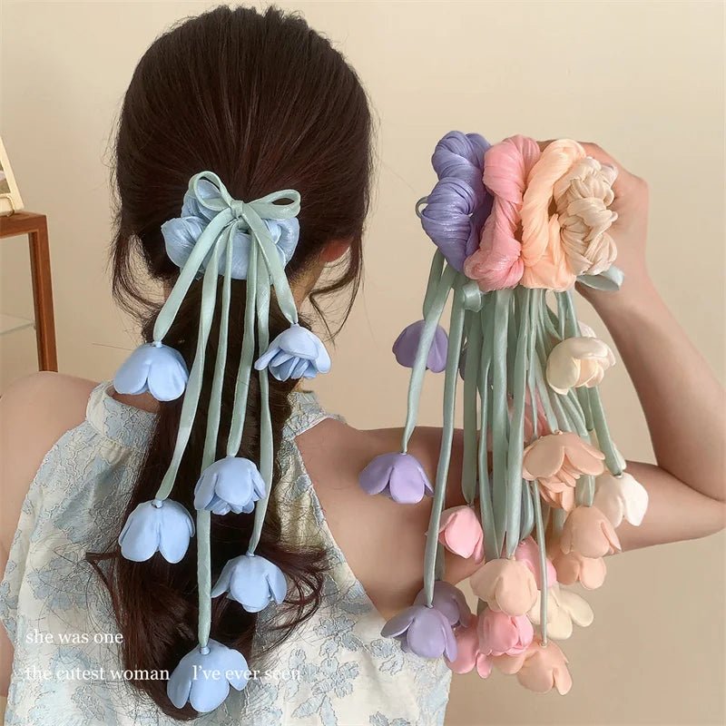 Lily of the Valley & Tulips Floral Scrunchie - Dangling Ribbon Hair Tie - lily supply
